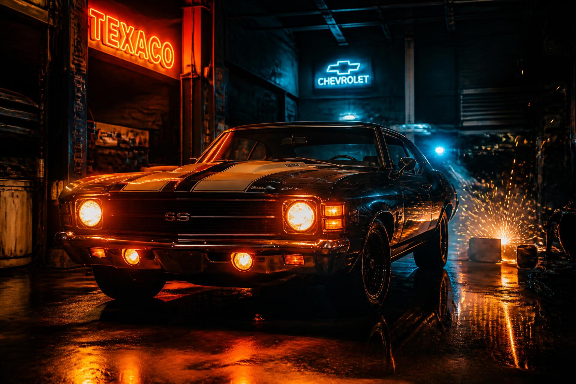 Classic muscle car glowing in Lamas Auto Repair garage at night